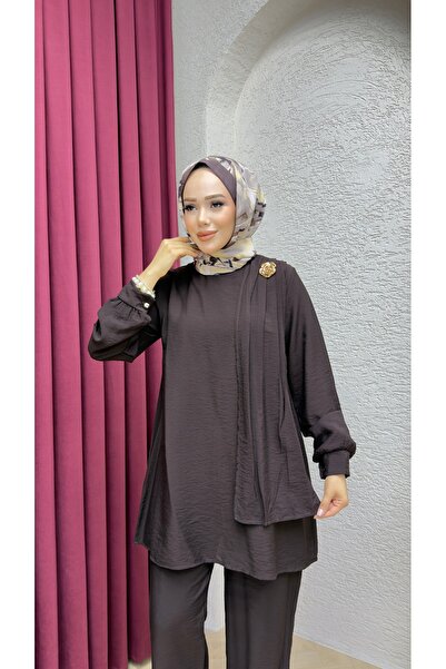 ECESSA FASHİON Brooch Detailed Hijab Tunic Pants Double Set