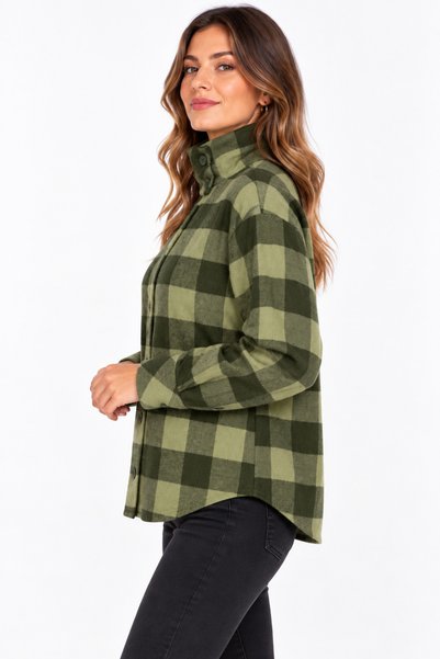 minella moda Women's Khaki Green Checkered Buttoned High Collar Long Sleeve Shirt