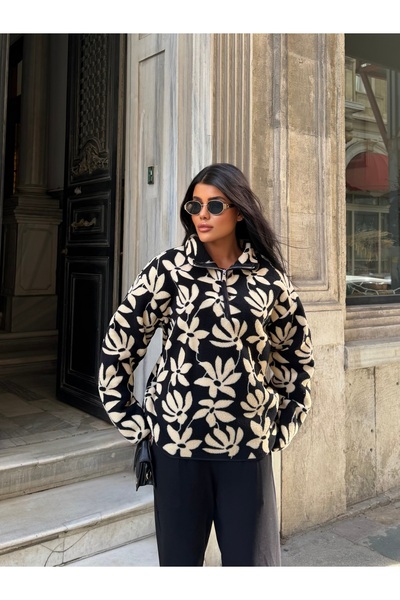 Cistern İstanbul Women's Patterned Zippered Plush Sweatshirt
