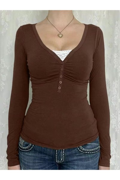 Köstebek Lace Collar Buttoned Plain Basic Long Sleeve Blouse