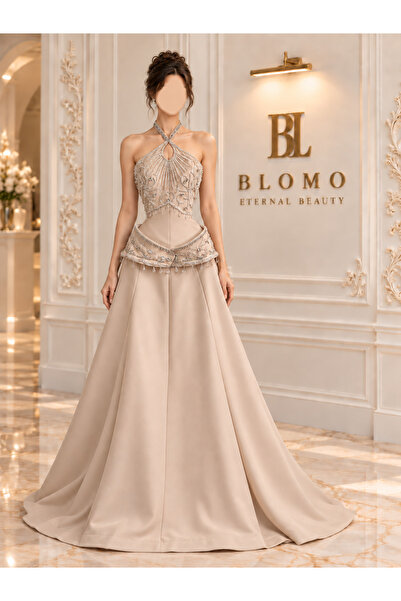 BLOMO فستان سهرة نسائي بتصميم ملكي فاخر ومطرز بالكريستال