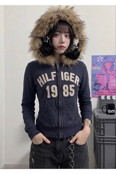 Köstebek Navy Blue 1985 Y2K Vintage Crop Furry Hooded Sweatshirt