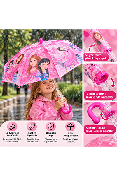 Genel Markalar Kız Çocuk Prenses Desenli Şemsiye – Pembe Çocuk Yağmur Şemsiye...