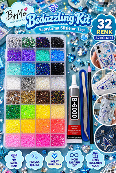 By MO Accessories Bedazzling Kit 32 Renk Yapıştırma Süsleme Taşı Seti – Yapış...