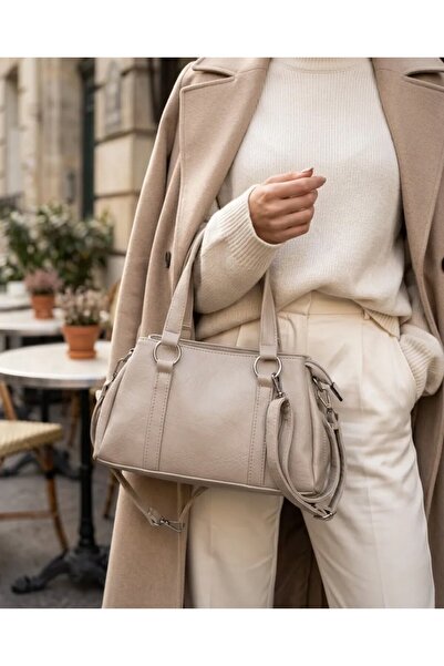 Lisinya Beige Soft Leather Women's Hand and Shoulder Bag with 3 Compartments,...