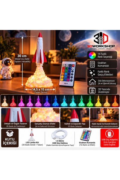 3DWORKSHOPTR Rocket Led Night Light – 16-Color Remote Controlled 3D Printing ...
