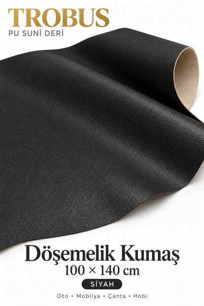 TROBUS PU Suni Deri Döşemelik Kumaş 100 x 140 cm Mobilya Oto Çanta İçin Siyah