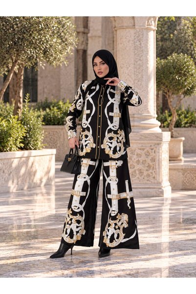 WellWay طقم إسلامي من قطعتين (قميص وبنطلون) من الكتان المزين بالزهور - 25041