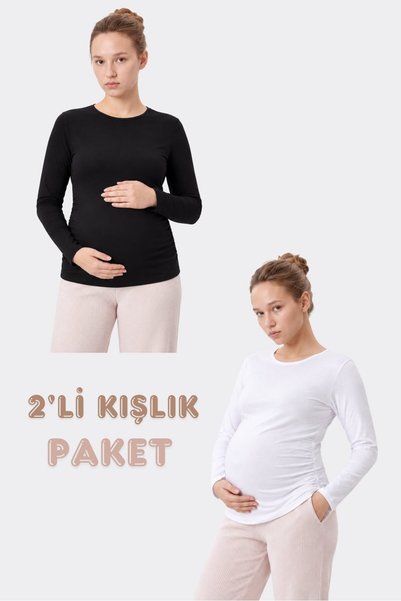 Nastenka Kadın Siyah - Beyaz Yanı Büzgülü Pamuklu Likralı Uzun Kollu Hamile T...