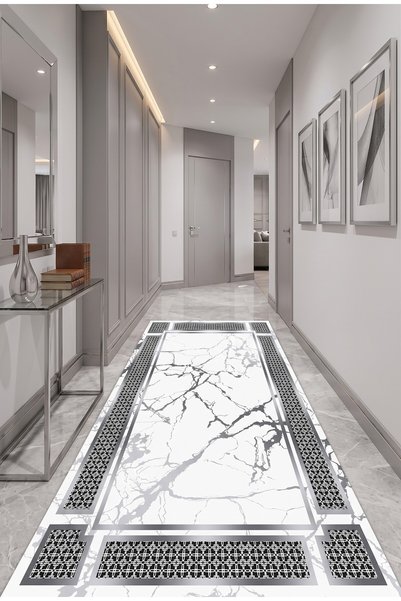 Delipoyraz Tekstil Dijital Kaymaz Yıkanabilir Gri Çerçeveli Salon Halısı Mutf...