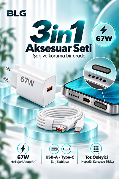 BLG ELEKTROİNK 3in1 67W Hızlı Şarj Adaptörü Şarj Kablosu ve Hopörlör Toz Koru...