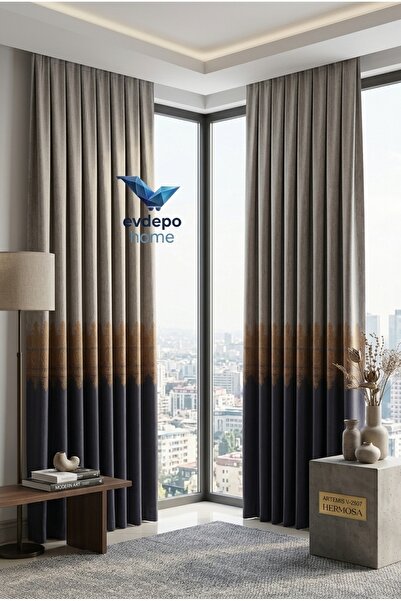 Evdepo Home Artemis Lacivert Gri Gold Degrade Pano Fon Perde 2 Adet Takım (Çi...
