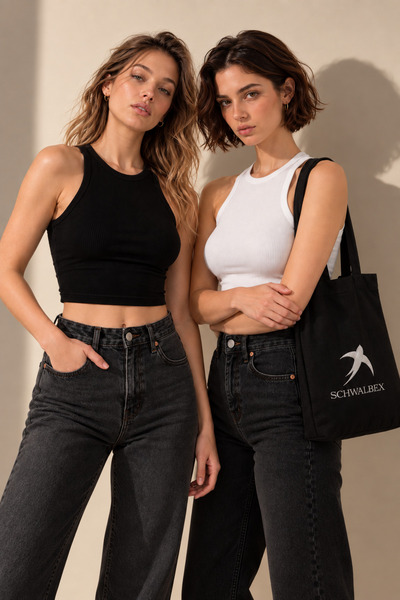 Schwalbex Siyah-Beyaz 2'li Paket Fitted/Vücuda Oturan Crop Halter Yaka Fitill...