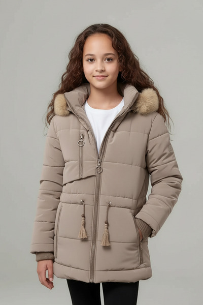 Ricalena Kız Çocuk Kışlık Mont Bel Büzgülü Kapüşonlu Polar Astarlı Kalın Raha...