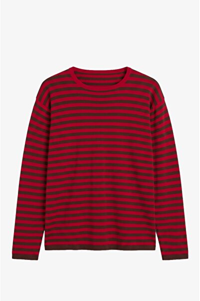 Havoş Red Fray Striped Knit Sweater