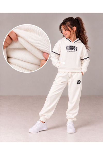 TOP CLOTHE Girls Winter Lace Detailed Velvet Lined Hoodie and Trousers Set - ...