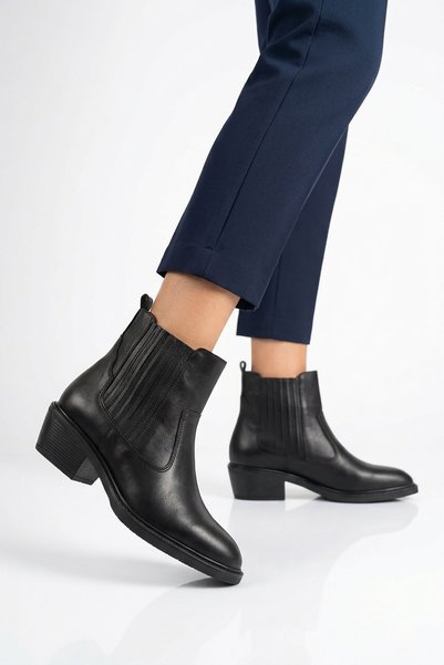 Moda Pie Koren Side Elastic Cowboy Women's Genuine Leather Boots Black Skin