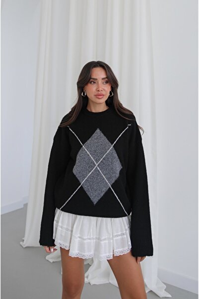 Havoş Black Elva Baklava Patterned Sweater