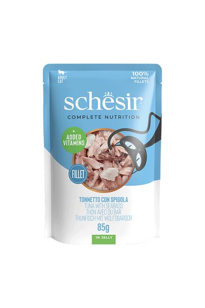 Schesir Jelly Ton Balıklı ve Levrekli Jöle İçinde Yetişkin Kedi Pouch 85g
