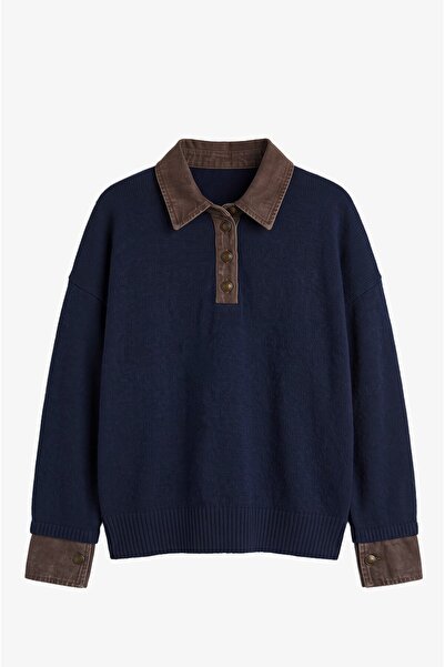 Havoş Navy Blue Sweater with Denim Detail on the Collar and Sleeves
