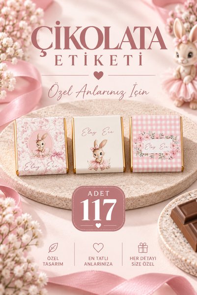 Genel Markalar Pembe Çiçekli Tavşan Temalı Kişiye Özel Çikolata Etiketi 117 A...