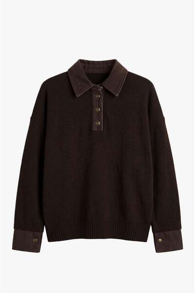 Havoş Bitter Brown Collared Sweater with Denim Detail on the Sleeves