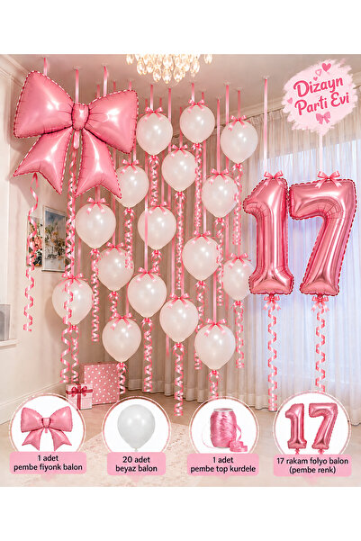 Dizayn Parti Evi Pembe Fiyonk Balonlu Doğum Günü Süsleme Seti – 10 11 12 13 1...