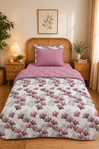 Miyu Veloura Luxe Single Sleeping Set |   100% Cotton Quilted Comforter, Elastic Fitted Sheet and Pillowcase