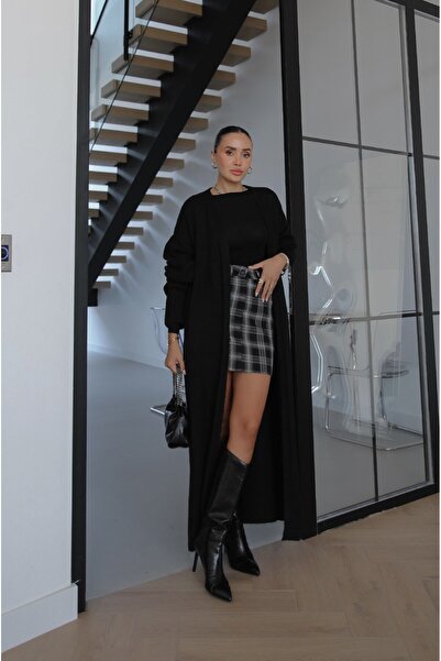 Havoş Black Wool Textured Long Cardigan