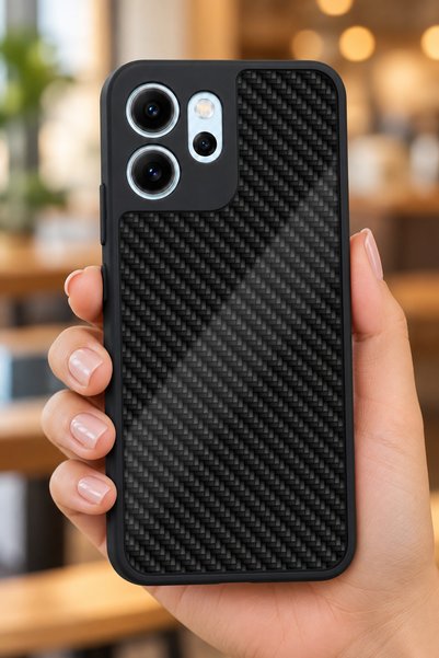 OPPO Reno 14F Uyumlu Karbon Fiber Dokusu Desenli Parlak Baskılı Kamera Koruma...