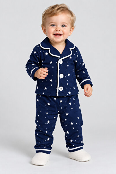 caddekids 100% Cotton Baby Pajama Set Star Patterned Navy Blue Long Sleeve Bu...