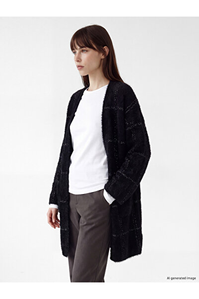 LC Waikiki Alita City Lcw Everyday Black Plush Plaid Midi Women's Cardigan wi...