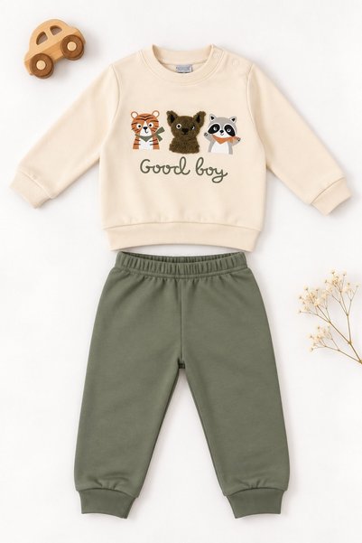 METEOR BABY Baby Set Good Boy Cat Dog Panda Figured Sweatshirt Bottom Top Set...
