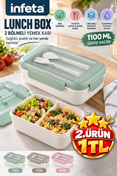 İnfeta 1100 ml 2-Compartment Lunch Box with Fork and Spoon, Transparent Compa...