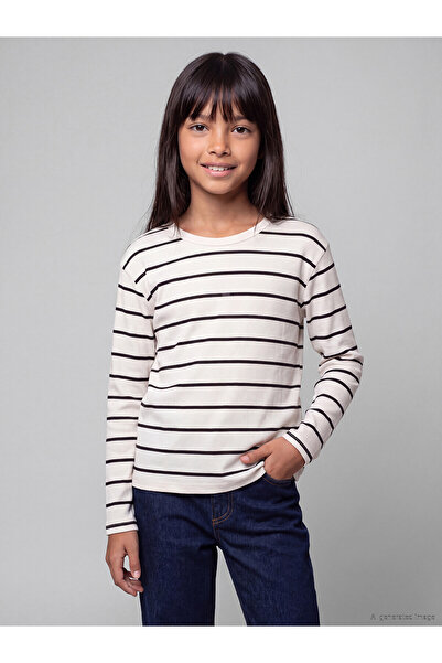 LC Waikiki Alita City Lcw Kids Beige Striped Girls' T-Shirt with a Difference