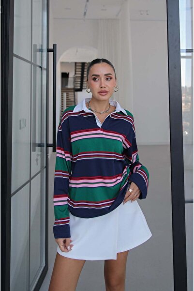 Havoş Yeşil Gömlek Yakalı Çizgili İnce Sweatshirt