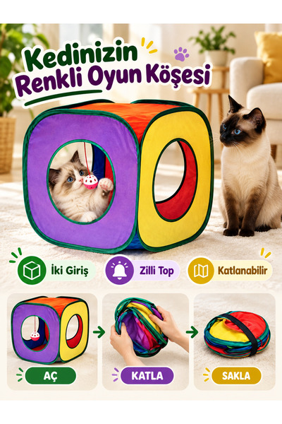 Kolay Katlanır Kedi Oyun Küpü, Çift Yuvarlak Girişli Gökkuşağı Renkli Kedi Tüneli ve Çadırı, Asılı Zilli Top Oyuncaklı, Oyun ve Saklanma Alanı, Yavru ve Yetişkin Kediler İçin Aktivite Oyuncağı