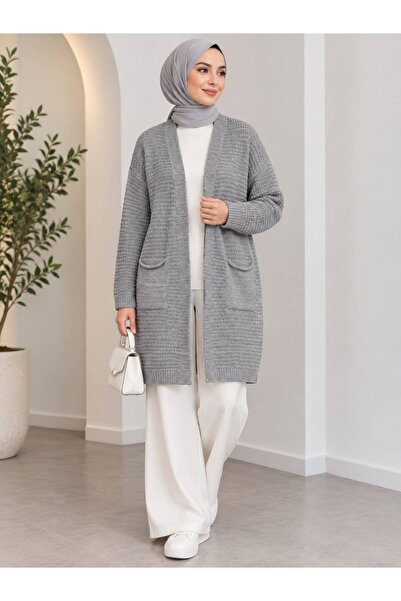 AHENZA COLLECTION kadın uzun örme triko hırka cepli standart beden tesettür u...