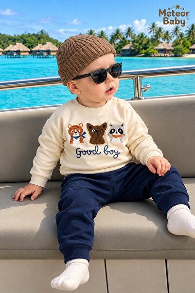 Bebek Takımı Good Boy kedi köpek panda Figürlü Sweatshirt Alt Üst Takım Mevsimlik Unisex Erkek Kız