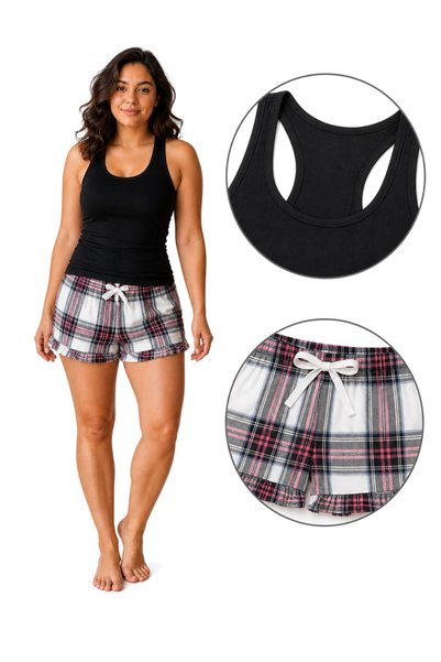 Generic Brand Pijama de damă SF Women, top negru și pantaloni scurți în carou...
