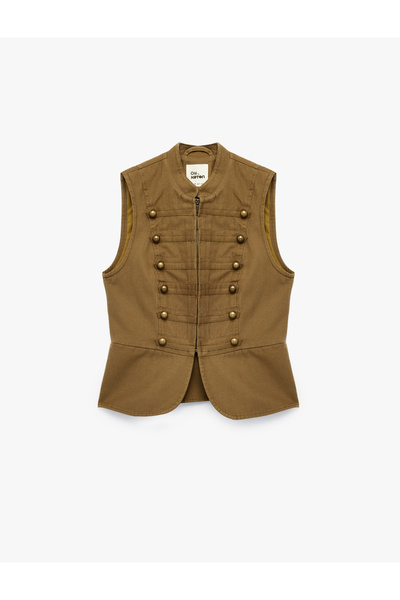 Koton Metal Düğmeli Gabardin Kumaş Mandarin Yaka Kolsuz Fermuarlı Military Yelek