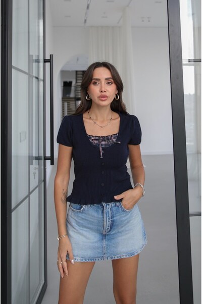 Havoş Navy Blue Plaid Collar Detailed Knitwear