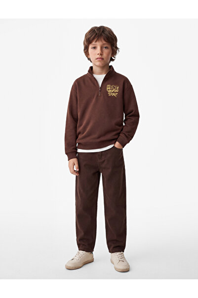 Koton Baskılı Yarım Fermuarlı Şardonlu Uzun Kollu Dik Yaka Sweatshirt