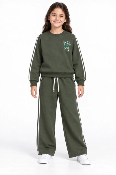 rony pony kids Girl's Khaki Floral Embroidered White Ribbed Wide-Leg Sweatpants Set