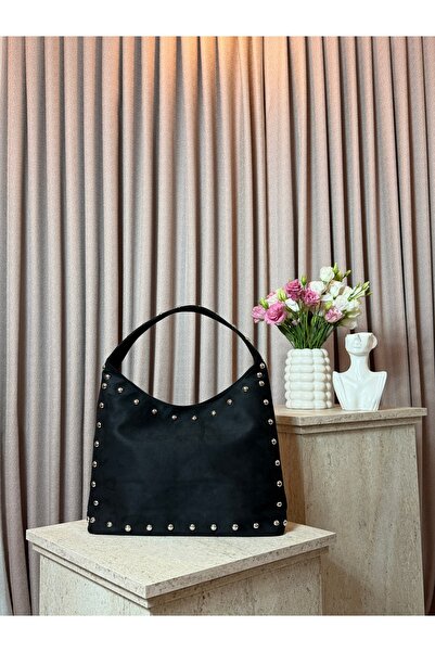 Remy Bags Siyah Zımba Detaylı Süet Omuz Çantası