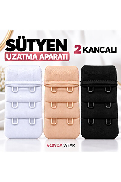 Sütyen Uzatma Aparatı - 2 Kancalı Agraf - Sütyen Uzatma Kopçası - 3’lü Set [Siyah - Beyaz - Ten]