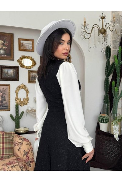 Dilek Vardar Siyah Beyaz Tüvit Balon Kol Düğme Detaylı Uzun Elbise