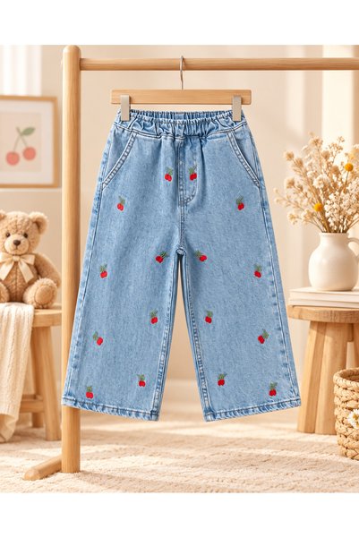 erayalpkids Girl's Cherry Patterned Wide Leg Jeans