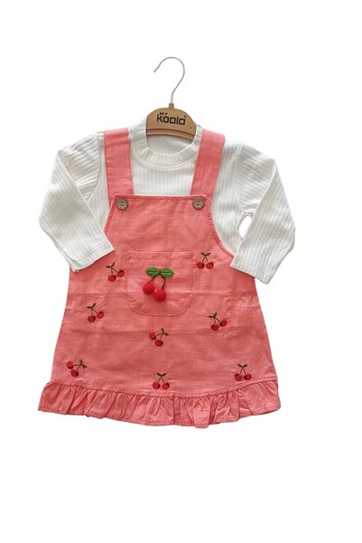 9-12-18 Ay Kız Bebek Nakışlı Salopet Elbise Takımı
