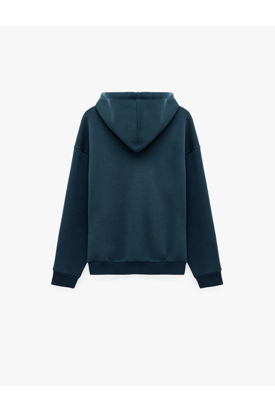 Koton Üç İplik Şardonlu Yıldız İşlemeli Kanguru Cepli Kapüşonlu Fermuarlı Oversize Sweatshirt